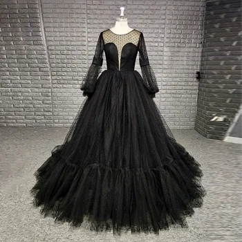 

Elegant Black Dot Illusion Jewel Backless Long Sleeve Ball Gown Prom Dress