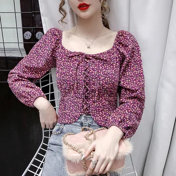 

COIGARSAM Fashion Floral Print Shirt Womens tops New Spring Cute Puff Sleeve Belt Women shirts Purple Yellow 1635