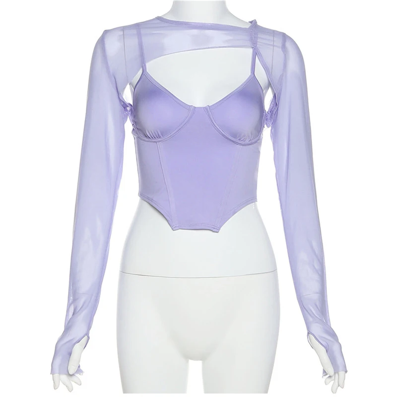 2022 Purple Long Sleeve Crop Top Women Spaghetti Strap Corset Top Summer Sexy Mesh Cami Top Y2K Two Piece Set Club Outfits