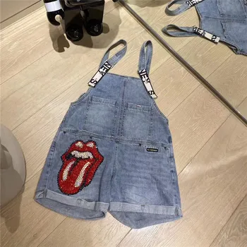

Summer Beaded Sequins Lips Print Loose Womens Denim Playsuits Sleeveless Suspender Wide Leg Shorts Casual Female Jumpsuits