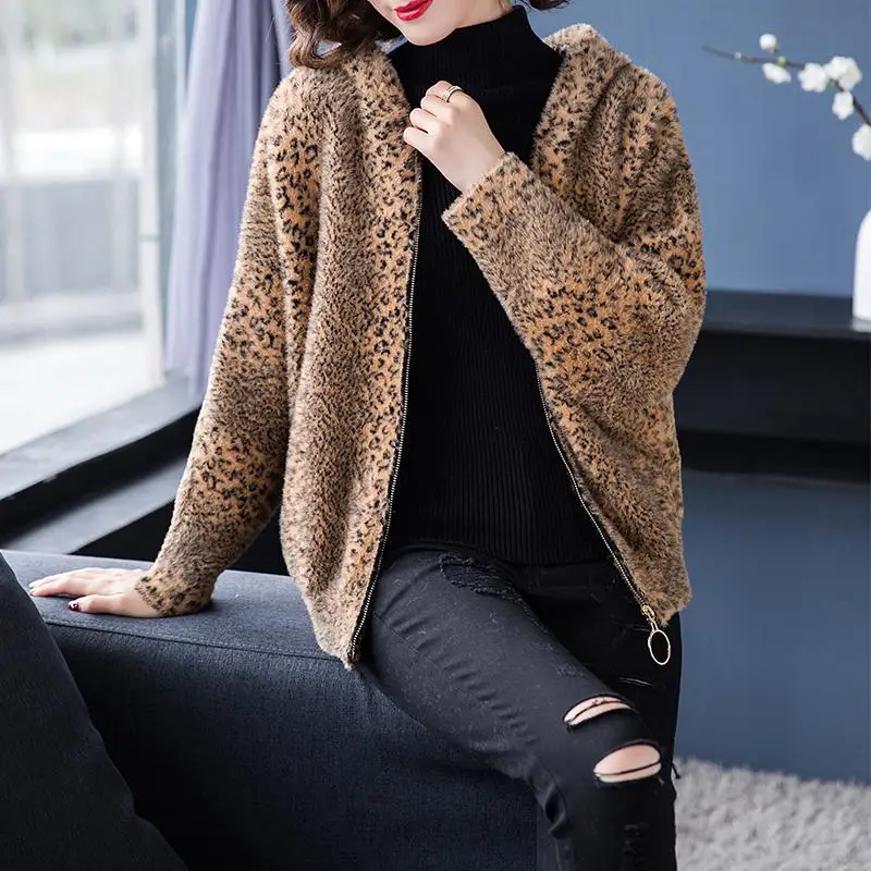 ^Cheap Women 2020 Autumn Winter Vintage Leopard Print Jacket Female Thick Warm Faux Mink Fur Knitted Tops Batwing Sleeve Cardigan N180