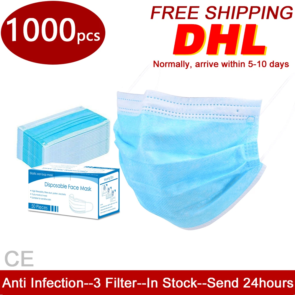 

1000pcs 3-Ply Disposable Mask Anti-dust Safe and Breathable Masks Earloops Anti Fog and Haze Face Mouth Masks Respirator