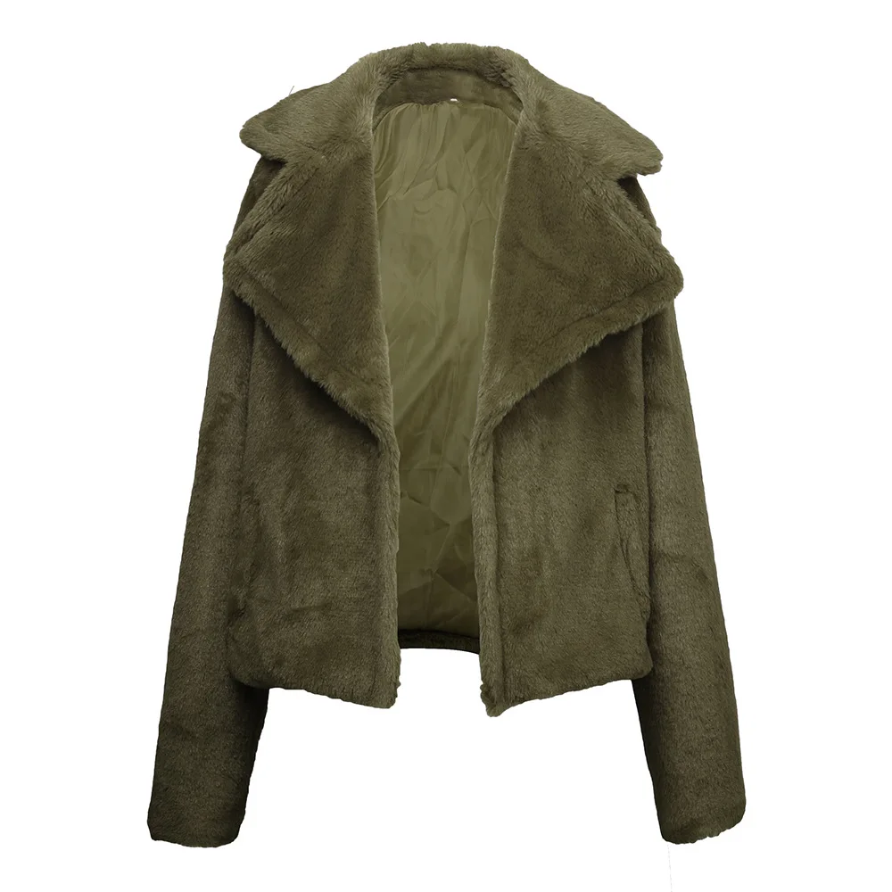 Осенне-зимнее женское пальто размера плюс,, повседневное тонкое одноцветное короткое пальто из искусственного меха, винтажное пальто с отложным воротником и длинным рукавом - Цвет: Армейский зеленый