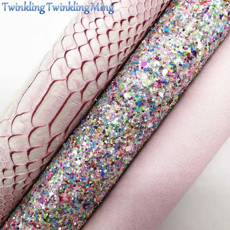 

PINK Glitter Fabirc,Faux Leather Fabric, Snake Synthetic Leather Fabric Sheets For Bow A4 21x29CM Twinkling Ming XM665