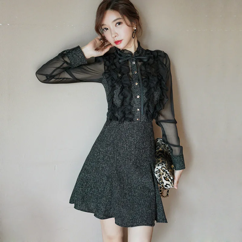 

WOMEN'S Dress 2019 Autumn New Products-Style Stand Collar Chiffon Joint Flounced Shirt High Waist Skirt Set