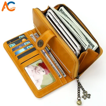

Alena Culian Womens Leather Wallet Waxy Oil Leather Travel Cell Phone Wallet Card Holder Clutch monedero mujer Dropshipping