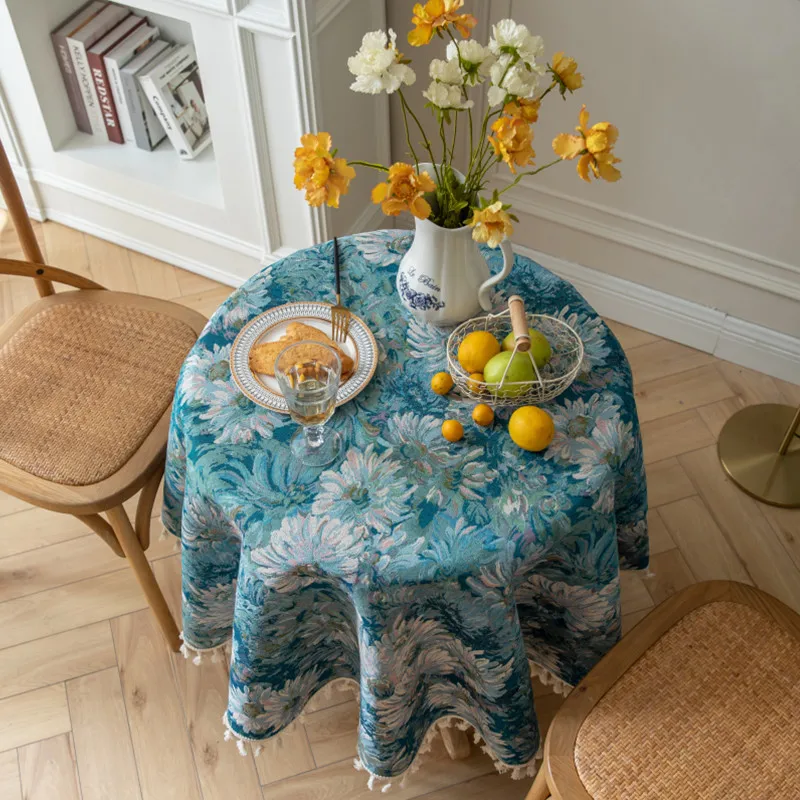 Blue Round Tablecloth American Retro Jacquard Chrysanthemum Table Cloth Fabric Coffee Cafe Decor Cover Towel with Tassel | Дом и сад