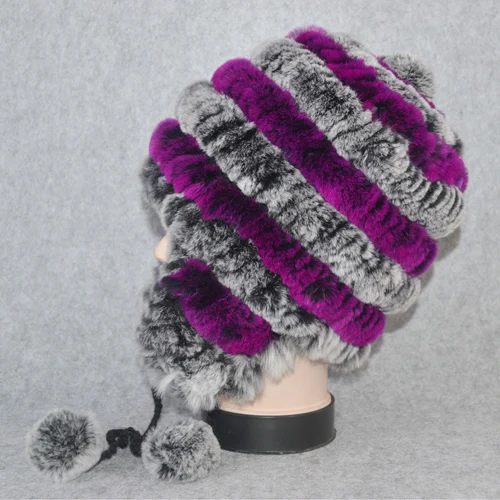 Качественная зимняя шапка для девочек, настоящий мех кролика, женская вязаная шапка из натурального кролика Рекс, меховые шапочки, теплые шапки из натурального меха - Цвет: gray and purple