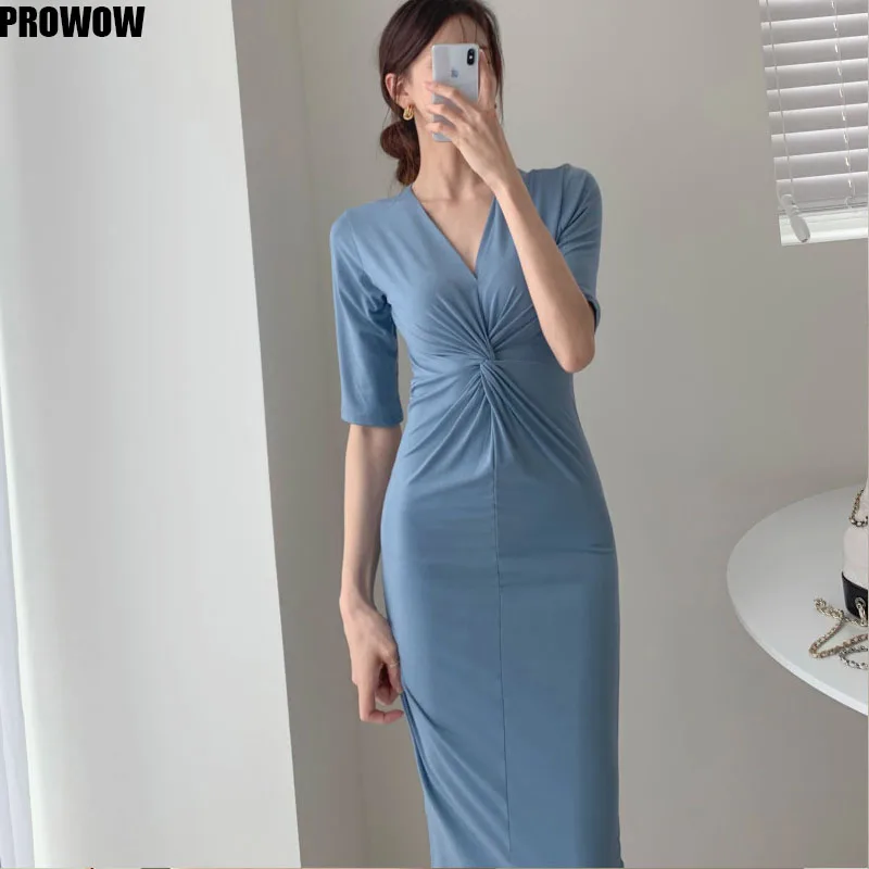 2020 Dress Ladies Summer Retro Cotton Dress Korean Elegant Office V-Neck Slim Fold Bag Hip Waist Slimming Mid Dress Women