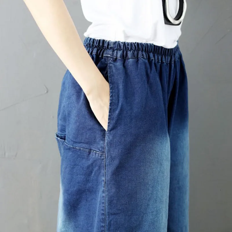 Spring Top Fashion Womens Loose Fit Denim Jeans Elastic Waist Wide Leg Pantolon Jeans Female Trousers Plus Size Blue Color