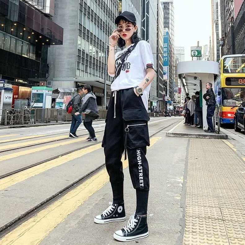 Cargo Pants Women Hip Hop High Waist Ankle Banded Pants Black Camo Pants Loose Ankle-Length Pants Joggers Streetwear Pockets