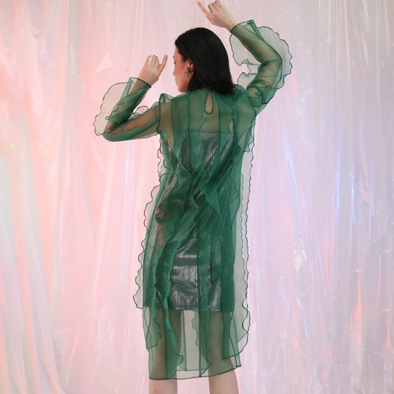 TWOTWINSTYLE Сетчатое перспективное платье для женщин Водолазка с длинным рукавом Высокая талия с рюшами платья для женщин Мода одежда