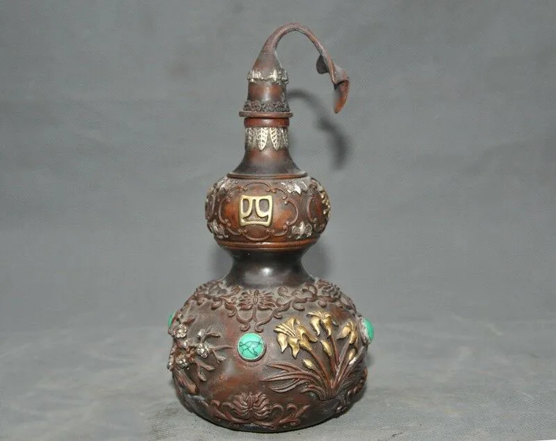 

wedding decoration China Bronze Gilt-silver inlay turquoise lucky gourd Bottle Pot Vase Jar Statue