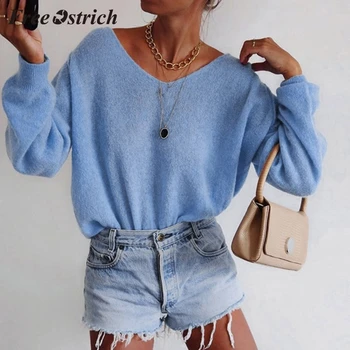 

FREE OSTRICH Women's fashion winter sexy knit solid color simple sweater loose long-sleeved pullover sweater daily wild sweater