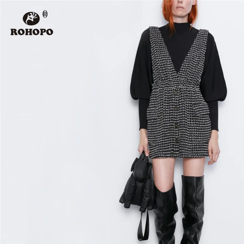 

ROHOPO Wide Strap Tweed Fabric Flared Plaid Black Dress V Collar Buttons Fly Side Welt Pockets Preppy Thick Mini Robe # 9661