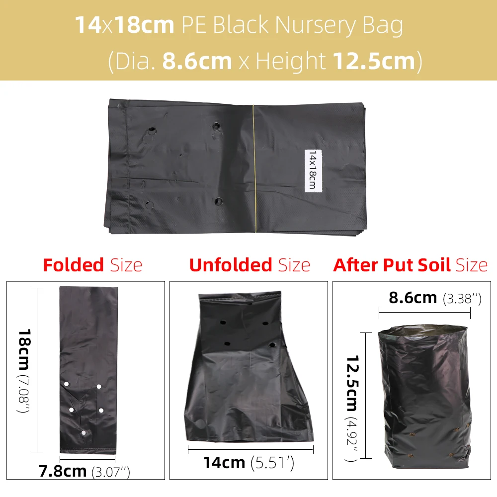 100/200PCS PE Nursery Bags Thicken Plant Grow Bags Seedling Pots Eco-Friendly Garden with Breathable Holes Black Planting Sack