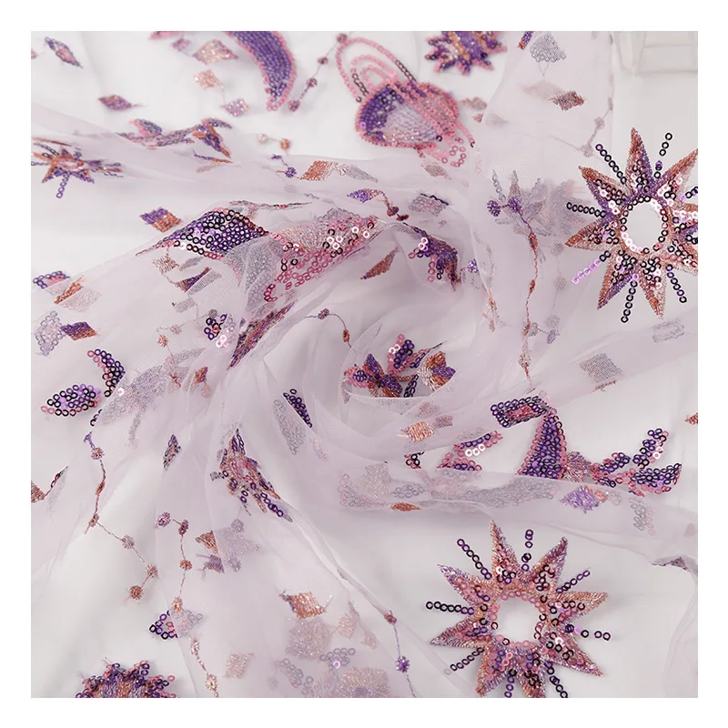

130cm Wide Purple Tulle Three-dimensional Embroidery Stars Sequins Lace Fabric For Dress Children's clothing by Meter