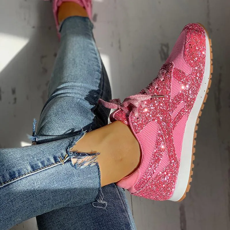 Casual Sneakers Women Flat Glitter Bling Vulcanized Shoes Female Mesh Lace Up Platform Comfort Plus Size Fashion Ladies Spring