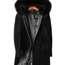 Шуба из настоящей овчины, зимняя куртка, Мужская длинная куртка с воротником из лисьего меха, пальто из настоящей шерсти, куртки размера плюс, S-7106-2 Y1582