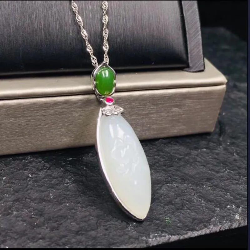925 Sterling Silver White Green HeTian Jade Inlay Water Drop Lucky Pendant+ Chain Necklace For Women Charm Fine Jewelry Gift
