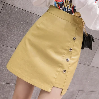 

2019 winter high waist Skrit PU faux leather women skirt pink yellow black green blue zipper mini skirt women