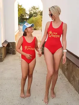 

Queen Princess printed mother and daughter swimsuit baby girls clothes summer mom one- piece swimming wear sleeveless mommy sets