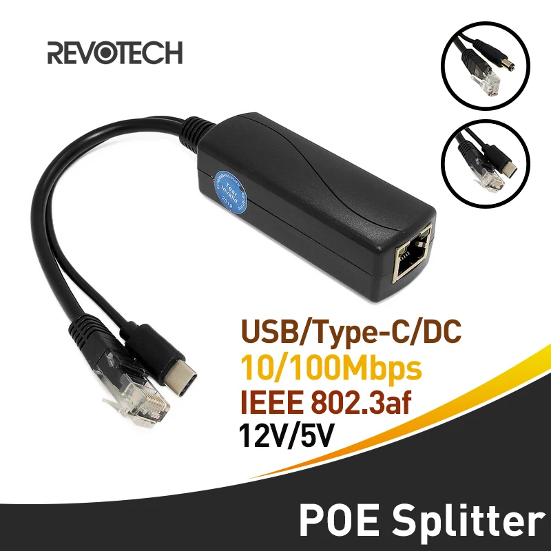 Divisor de PoE, Micro USB/tipo-c/DC IEEE 802.3af 10/100Mbps de potencia sobre Ethernet para cámara IP y AP inalámbrico y teléfono IP