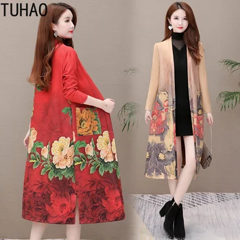 

TUHAO fall Outerwear Female Long trench Coat Autumn Winter Cardigan Windbreaker Vintage Middles Mother Coats Outfit WM37
