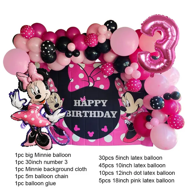 Decoraciones de fiesta de cumpleaños de mini ratón rosa, juego de  suministros de fiesta temática de Minnie para niñas con kit de guirnalda de  globos