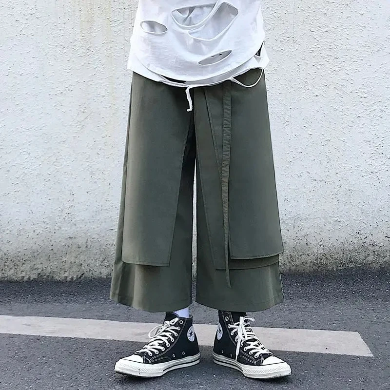 Fake Two-Piece Pants Men Male New Loose Wide-Leg Trousers Casual Straight Streetwear Spring Autumn Hip-Hop Pantalons Capris