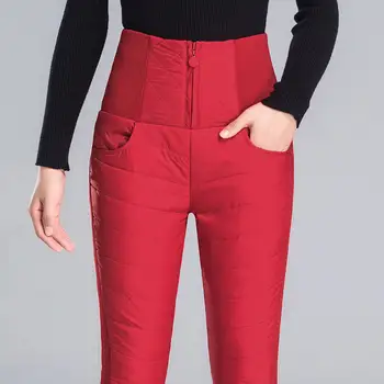 

Winter Pants Women Duck Down Velvet High Waist Skinny Warm Formal Pants Female Black Elastic Waist Work Trousers Women