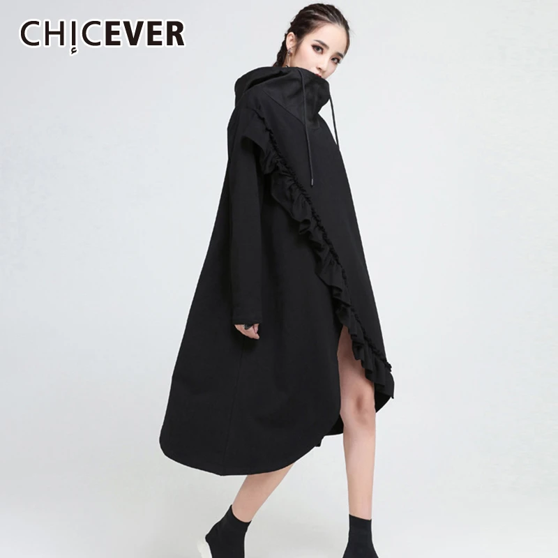 Женское платье с оборками CHICEVER асимметричное миди капюшоном и длинным рукавом