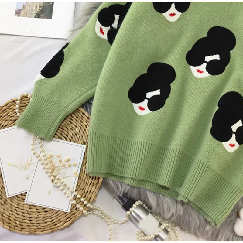 2020 Winter Knitted O-Neck Print Women's Sweaters Cartoon Human Avatar Loose Female Pullovers Fashion Warm School Ladies Sweater