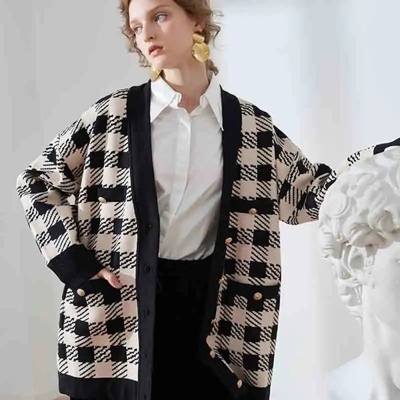 

Boho Inspired Check Pattern tweed Cardigan jacket women Black loose buttons V-neck jacket coat long sleeve fashion runway winter