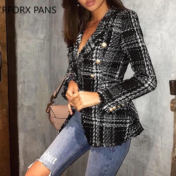 

Notched Collar Double-breasted Plaid Blazer