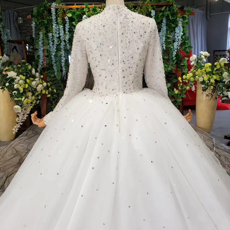 HTL1008 мусульманское свадебное платье с длинными рукавами и высоким воротом, с бусинами на молнии, большие размеры, свадебные платья для невесты с рукавом, vestido de novia