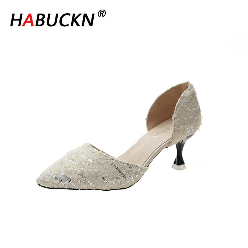 

HABUCKN 2020 Spring New High Heels Women Pointed Sequins Decoration Sexy Wedding High Heels Large Size Banquet Party Shoes