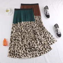 Винтажная осенне-зимняя леопардовая цветная эластичная плиссированная юбка средней длины с высокой талией для женщин, женские юбки saias
