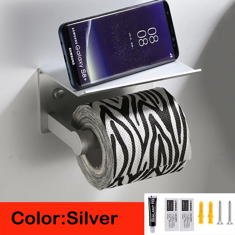 Держатель для туалетной бумаги для ванной комнаты, черный, серебристый, золотой держатель для телефона, Настенный алюминиевый держатель для туалетной бумаги с полкой - Цвет: Silver