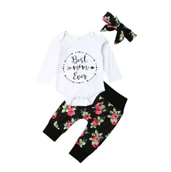 

CANIS Autumn Newborn Baby Girl Best Mom Even Long Sleeve Bodysuit Floral Pants Outfits Clothes Headband