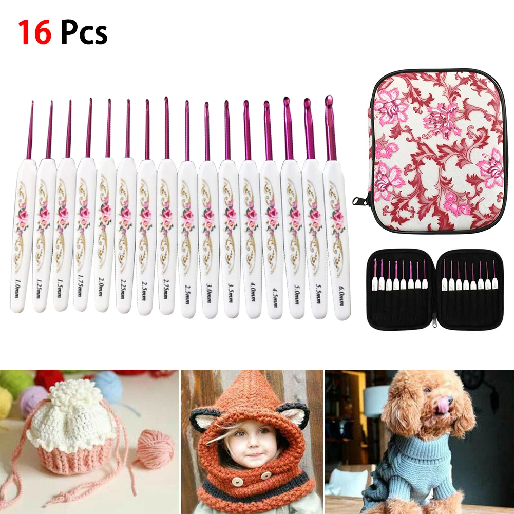 

16 IN 1 Soft Grip Crochet Hooks Needles Knit Kit Stitches Knitting Craft Handle Aluminum Knitting Set Stitch Weave Accessories
