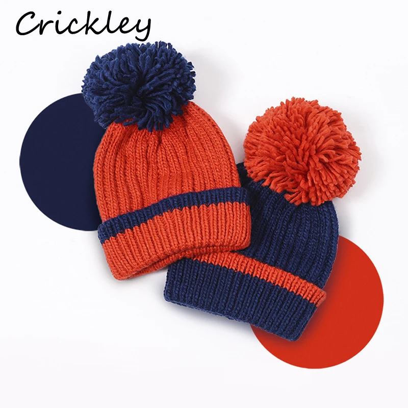 

Autumn Winter Pom pom Kids Hats Warm Thick Knitted Baby Boys Girls Caps Soft Cute Fashion Toddler Hats Striped Children Beanie