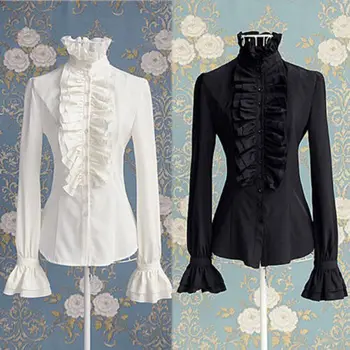 

Victorian Womens Tops High Neck Ruffles Long Sleeve Frill Solid Color Shirt OL Office Frilly Cuffs Blouse Autumn Tops Womens Hot
