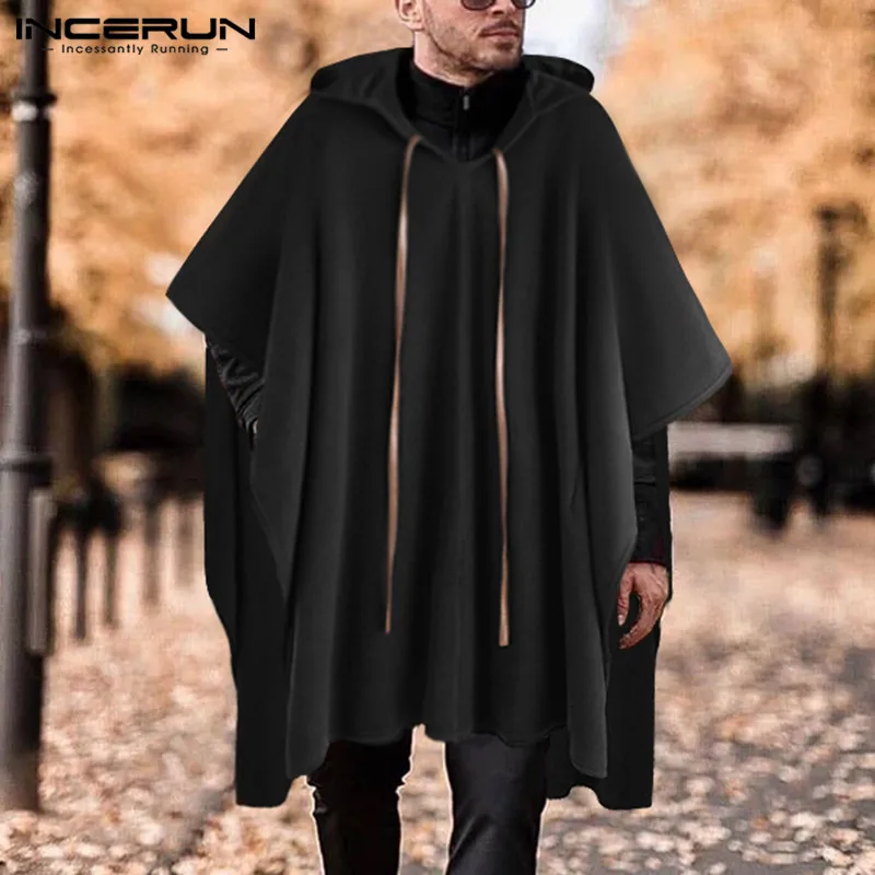 Men Cloak Coats Cape Poncho Streetwear-Coat Hooded INCERUN Long-Trench Fashion Irregular