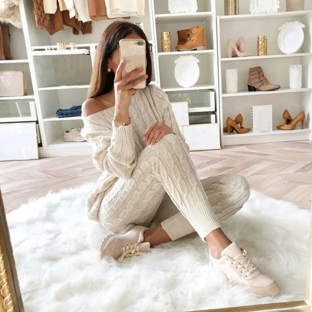 Knitting Tops+Pants Set Outfits For Women Winter Warm Knitted Sets 2 Pieces Ladies Sets Women Sweater Autumn O Neck Solid