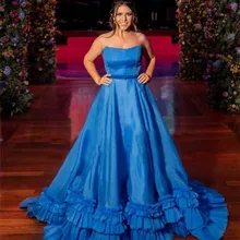 Синее платье без бретелек для выпускного вечера, длинное платье из тюля с бисером и рюшами, вечернее платье