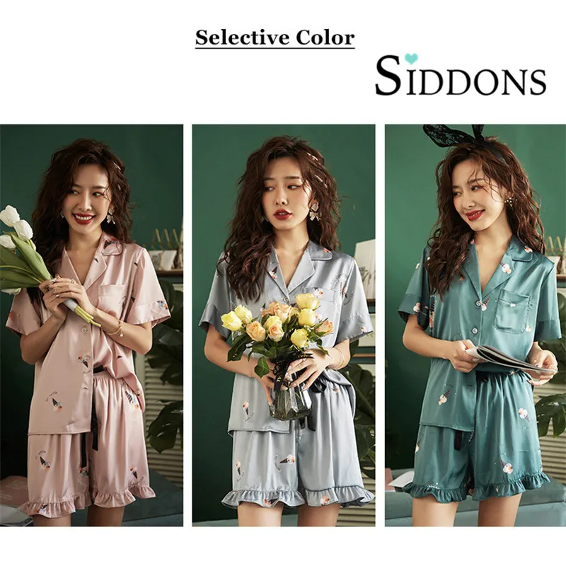Siddons 2020 Summer Short Sleeve Silk Pajama Set Turn-down Collar Nightgown Cute Sleepwear Long Pant Spring Nightsuit
