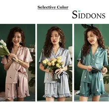 Siddons 2020 Summer Short Sleeve Silk Pajama Set Turn-down Collar Nightgown Cute Sleepwear Long Pant Spring Nightsuit