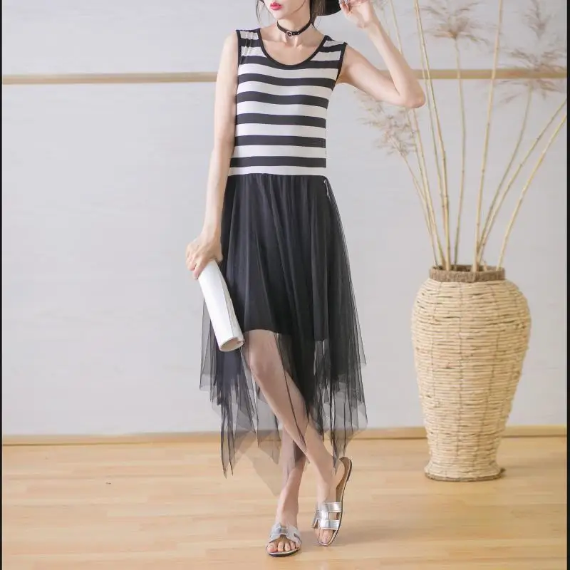

Spring And Summer Korean-style Modal Vest Skirt High-waisted Tutu Irregular Stripes Base Mesh Dress Women Dress