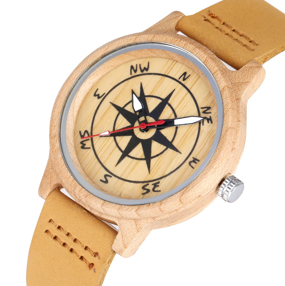Wooden Watches Unique Dial Gift Luminous Women for Band Light Pointers Compass-Design